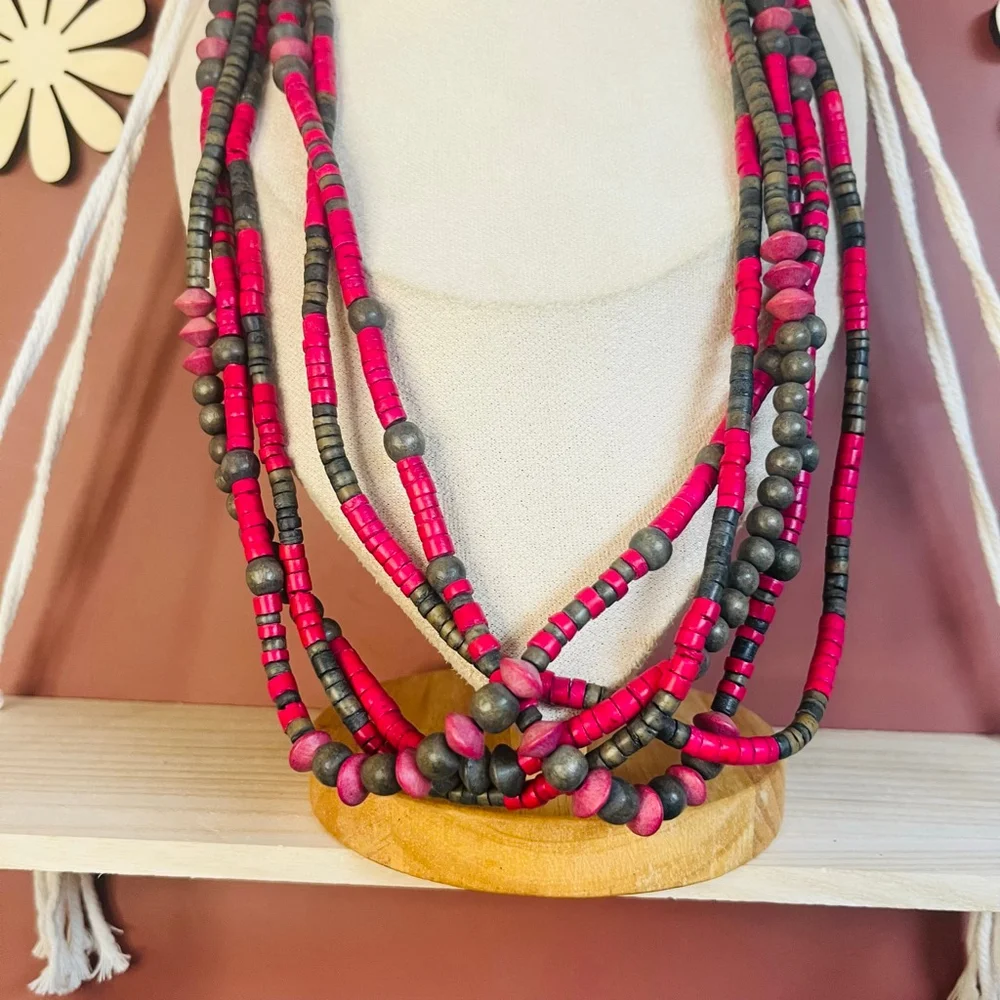 Vintage Heishe Beaded Boho Chic Necklace Pink Layered Eclectic Statement‎ Style